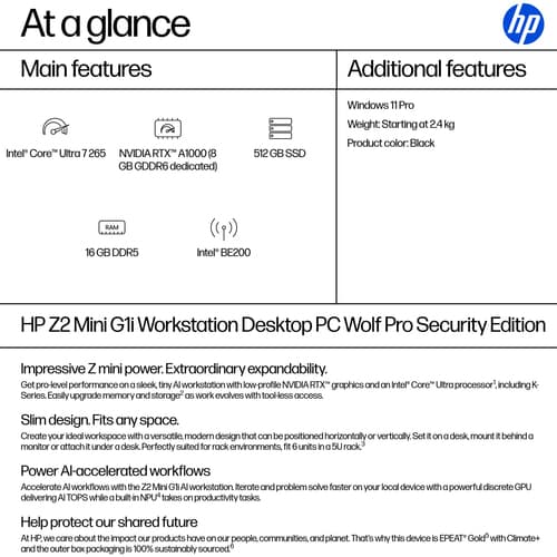 HP Workstation Z2 G1i - Mini 5U - 1 x Core Ultra 7 265 / up to 5.3 GHz - RAM 16 GB - SSD 512 GB - RTX A1000 - Gigabit Ethernet, IEEE 802.11ax (Wi-Fi 6), Bluetooth 5.4, IEEE 802.11be (Wi-Fi 7) - Win 11 Pro - monitor: none - keyboard: UK - black - with HP Wolf Pro Security Edition (1 year) — view 4