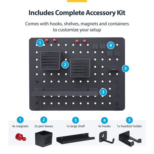 StarTech.com Clamp-On Pegboard with Accessories, 16.5 x 12.5in (42 x 32cm), Steel Pegboard, Desktop Storage Organizer, Desk Mount Peg Board, Black - Mounting component (pegboard panel) - clamp-on - steel - black - desk-mountable — view 4
