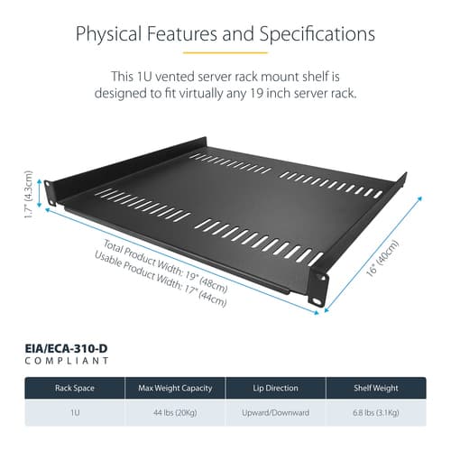 StarTech.com 2-Pack 1U Server Rack Shelf, Vented, 44lb Capacity, 16" Deep (CABSHELF116V2PK) - Rack shelf - black - 1U - 19" (pack of 2) — view 4