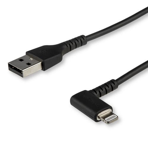 StarTech.com 3ft (1m) Durable USB A to Lightning Cable, Black 90� Right Angled Heavy Duty Rugged Aramid Fiber USB Type A to Lightning Charging/Sync Cord, Apple MFi Certified, iPhone 12 Pro - iPhone 7/8/11/11 Pro - Lightning cable - Lightning male angled to USB male - 1 m - double shielded - black