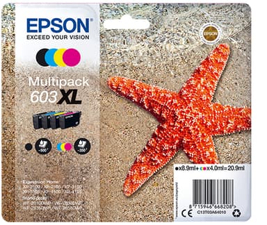 Epson Ink Cartridges, 603, Starfish, Multipack, 1 x 8.9 ml Black, 1 x 4.0 ml Cyan, 1 x 4.0 ml Magenta, 1 x 4.0 ml Yellow, Standard