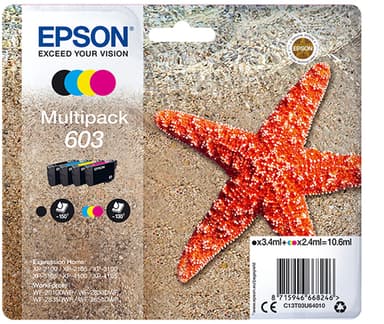 Epson Ink Cartridges, 603, Starfish, Multipack, 1 x 3.4 ml Black, 1 x 2.4 ml Cyan, 1 x 2.4 ml Magenta, 1 x 2.4 ml Yellow, Standard