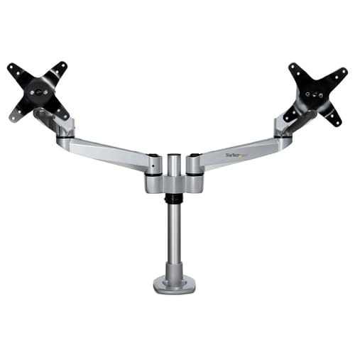 StarTech.com Desk Mount Dual Monitor Arm, Premium Articulating Monitor Arm, up to 27" VESA Mount Displays, Height Adjustable Monitor Mount, Rotating/Swivel/Tilt, Desk Clamp/Grommet, Silver — view 3