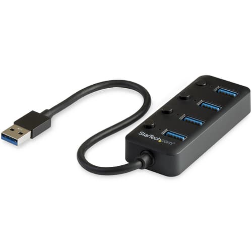 StarTech.com 4 Port USB 3.0 Hub, USB-A to 4x USB 3.0 Type-A with Individual On/Off Port Switches, SuperSpeed 5Gbps USB 3.1/USB 3.2 Gen 1, USB Bus Powered, Portable, 9.8" Attached Cable - Windows/macOS/Linux (HB30A4AIB) - Hub - 4 x USB 3.1 Gen 1 - desktop - for P/N: HB30C4AIB