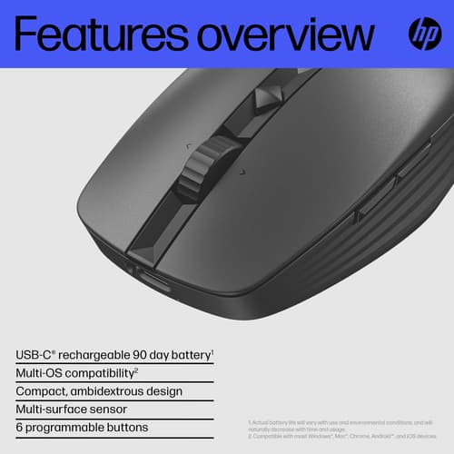 HP 715 - Mouse - multi-device, rechargeable - 7 buttons - wireless, wired - Bluetooth 3.0, 2.4 GHz - USB wireless receiver - black — view 7
