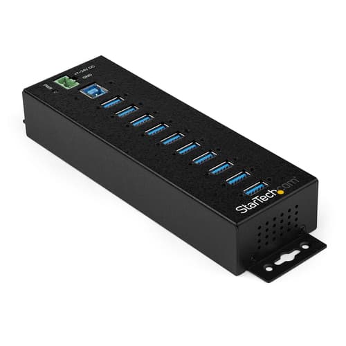 StarTech.com 10 Port USB Hub with Power Adapter, Surge Protection, Metal Industrial USB 3.0 Data Transfer Hub, Din Rail, Wall or Desk Mountable, High Speed USB 3.1/ USB 3.2 Gen 1 5Gbps Hub - Windows/macOS/Linux (HB30A10AME) - Hub - 10 x USB 3.2 Gen 1 - DIN rail mountable, wall-mountable - TAA Compliant - for P/N: ITB20D3250