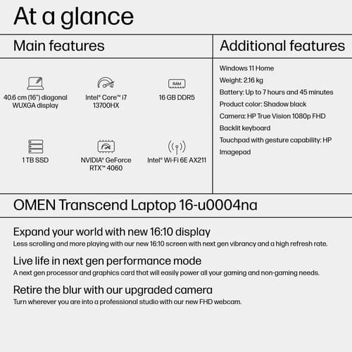 HP OMEN Transcend Laptop 16-u0004na 40.6 cm (16) WUXGA Intel® Core™ i7 16 GB DDR5-SDRAM 1000 GB SSD" — view 5