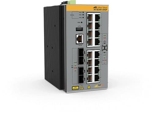 Allied Telesis AT IE340-20GP - Switch - L3 - Managed - 8 x 10/100/1000 (PoE+) + 8 x 10/100/1000 (PoE) + 4 x Gigabit SFP - DIN rail mountable, wall-mountable - PoE+ (240 W) - DC power
