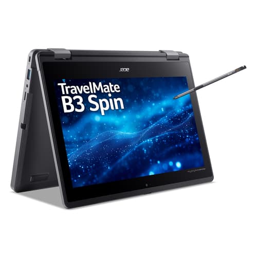 Acer TravelMate B3 Spin 11 TMB311RN-33-TCO - Flip design - Intel N-series - N100 / up to 3.4 GHz - Win 11 Pro Education - UHD Graphics - 4 GB RAM - 128 GB SSD UFS - 11.6" IPS touchscreen 1920 x 1080 (Full HD) - Wi-Fi 6E, Bluetooth - shale black - kbd: UK