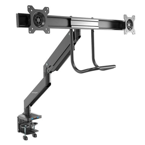 StarTech.com Desk Mount Dual Monitor Arm with USB & Audio, Slim Full Motion Adjustable Dual Monitor VESA Mount for 32" Displays (8kg/screen), Ergonomic Articulating, Desk Clamp or Grommet - One-touch Adjustment (ARMSLIMDUAL2USB3) - Mounting kit - adjustable arm - for 2 monitors - aluminium - black - screen size: up to 32" - desk-mountable