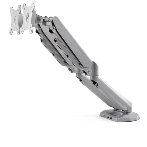 StarTech.com Desk Mount Dual Monitor Arm with USB & Audio, Grommet/Desk Clamp VESA Mount for up to 32 inch Displays, 2x USB, 2x 3.5mm audio, Ergonomic Full Motion Dual Monitor Arm, Silver - One-touch Adjustment (ARMSLIMDUOS) - Mounting kit - adjustable arm - for 2 monitors - aluminium - black - screen size: 15"-32" - desk-mountable