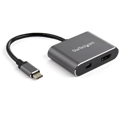 StarTech.com USB C Multiport Video Adapter, 4K 60Hz USB-C to HDMI 2.0 or Mini DisplayPort 1.2 Monitor Adapter, USB Type-C 2-in-1 Display Converter HDMI/MDP HBR2 HDR, Works w/ Thunderbolt 3 - USB-C 2 in 1 Adapter (CDP2HDMDP) - Adapter - 24 pin USB-C male to HDMI, Mini DisplayPort female - 20.5 cm - space grey - 4K support, active