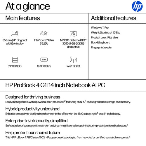 HP ProBook 4 G1i Notebook AI - 177-degree hinge design - Intel Core Ultra 5 - 225U / up to 4.8 GHz - Win 11 Pro - Intel Graphics - 16 GB RAM - 512 GB SSD NVMe - 14" IPS 1920 x 1200 - Gigabit Ethernet - Wi-Fi 7, Bluetooth - pike silver aluminium - kbd: UK — view 12