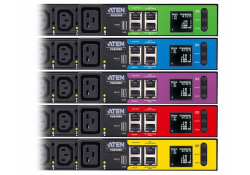 ATEN PG series PG8308G - Power distribution unit (rack-mountable) - 30A/32A, metered, switched, eco - AC 100-240 V - 7680 VA - Ethernet 10/100/1000 - input: IEC 60309 32A - output connectors: 8 (6 x IEC 60320 C13, 2 x IEC 60320 C19) - 1U - 3 m cord — view 7