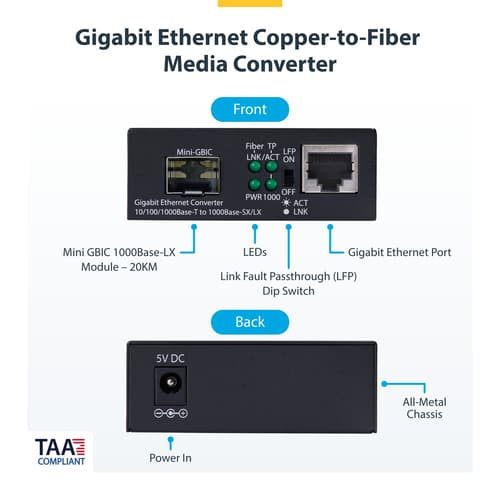 StarTech.com - Fibre media converter - 1GbE - over fibre optic - 1000Base-T, 1000Base-LX, 10Base-T, 100Base-TX - LC Duplex single-mode / RJ-45 - up to 20 km - 1310 nm - TAA Compliant — view 9