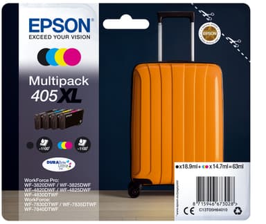 Epson Ink Cartridges, DURABrite" Ultra, 405XL, Multipack, 1 x 16.3 ml Black, 1 x 10.8 ml Cyan, 1 x 10.8 ml Magenta, 1 x 10.8 ml Yellow, XL
