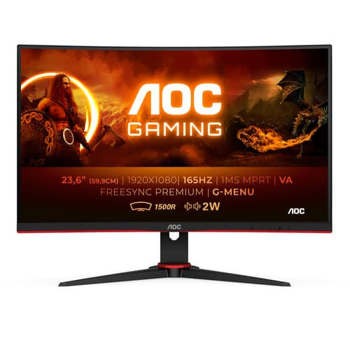 AOC Gaming C24G2AE/BK - LED monitor - gaming - curved - 24" (23.6" viewable) - 1920 x 1080 Full HD (1080p) @ 165 Hz - VA - 250 cd/m� - 3000:1 - 1 ms - 2xHDMI, 2xDisplayPort, VGA - speakers - black, red