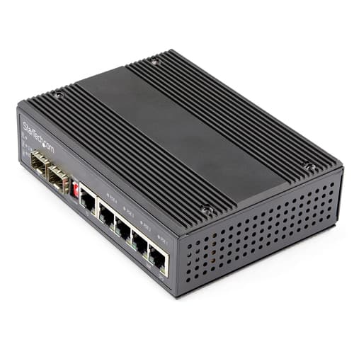 StarTech.com Industrial 6 Port Gigabit Ethernet Switch, 4 PoE RJ45 +2 SFP Slots 30W PoE+ 12-48VDC 10/100/1000 Rugged Power Over Ethernet LAN Switch -40C to 75C, DIN Mountable, Hardened - Fast Ethernet Switch (IES1G52UP12V) - Switch - 1 x 10/100/1000 + 4 x 10/100/1000 (PoE+) + 2 x SFP - DIN rail mountable - PoE+ (120 W) - DC power — view 1