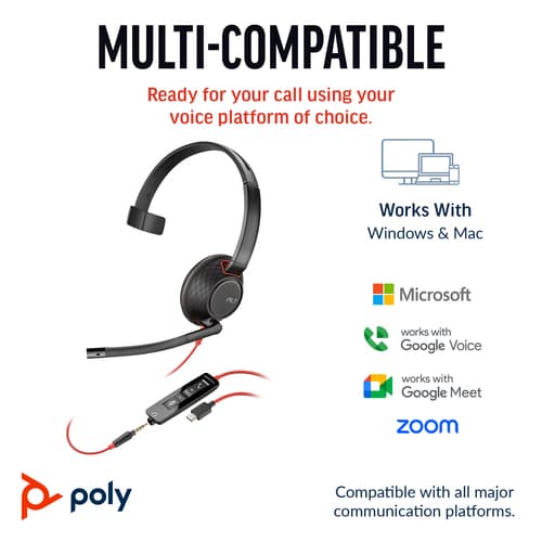 Poly Blackwire 5210 - Blackwire 5200 series - headset - on-ear - wired - 3.5 mm jack, USB-C - black - Certified for Microsoft Teams, Certified for Skype for Business, Cisco Jabber Certified, Avaya Certified, Works With Chromebook Certified, Zoom Certified, UC certified — view 4