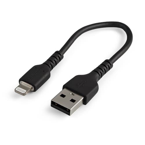 StarTech.com 15cm(6 in) Durable Black USB-A to Lightning Cable, Heavy Duty Rugged Aramid Fiber USB Type A to Lightning Charger/Sync Power Cord, Apple MFi Certified iPad/iPhone 12 Pro Max - iPhone 7/8/11/11 Pro (RUSBLTMM15CMB) - Lightning cable - USB male to Lightning male - 15 cm - black