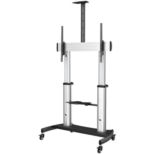 StarTech.com Mobile TV Stand, Heavy Duty TV Cart for 60-100" Display (100kg/220lb), Height Adjustable Rolling Flat Screen Floor Standing on Wheels, Universal Television Mount w/Shelves - W/ 2 equipment shelves - Cart - for flat panel - aluminium, steel - black, silver - screen size: 60"-100"