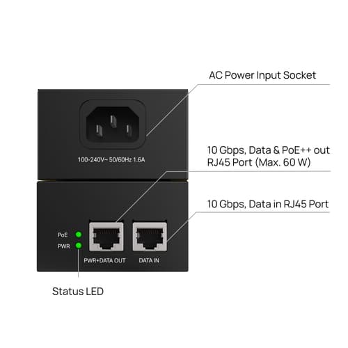 TP-Link Omada POE370S V1 - PoE injector - 10G - 60 Watt - output connectors: 1 — view 4