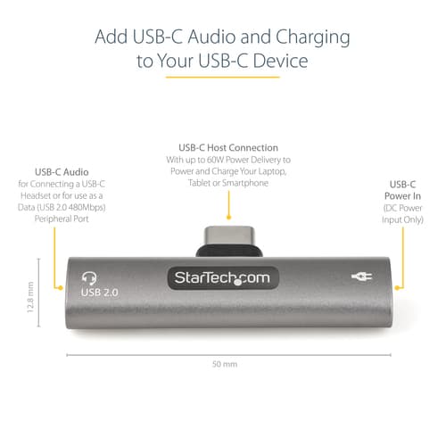 StarTech.com USB C Audio & Charge Adapter, USB-C Audio Adapter with USB-C Audio Headphone/Headset Port and 60W USB Type-C Power Delivery Pass-through Charger, For USB-C Phone/Tablet/Laptop - USB-C Audio/Charging (CDP2CAPDM) - Docking station - USB-C — view 9