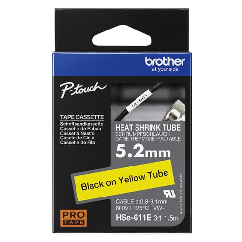 Brother HSe-611E - Black on yellow - Roll (0.52 cm x 1.5 m) 1 cassette(s) hanging box - heat shrink tube tape - for P-Touch PT-D800, PT-E300, PT-E310, PT-E550, PT-P700, PT-P750, PT-P900, PT-P950