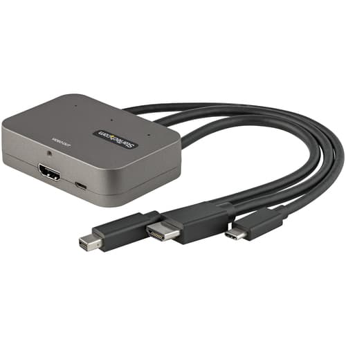 StarTech.com 3-in-1 Multiport to HDMI Adapter, 4K 60Hz USB-C, HDMI or Mini DisplayPort to HDMI Converter for Conference Room, Digital AV Video Adapter to Connect HDMI Monitor/Display - USB Type-C/HDMI/mDP to HDMI (CDPHDMDP2HD) - Adapter - HDMI, Mini DisplayPort, 24 pin USB-C male to HDMI, Micro-USB Type B (power only) female - black - 4K60Hz (3840 x 2160) support