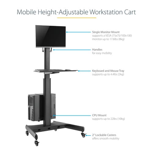 StarTech.com Mobile Workstation Cart with Monitor Mount, CPU/PC Holder, Keyboard Tray, Ergonomic Height Adjustable Desktop Computer Cart, Rolling Mobile Standing Workstation on Wheels - Portable Stand-Up Cart - Cart - for LCD display / PC equipment - steel - black — view 17