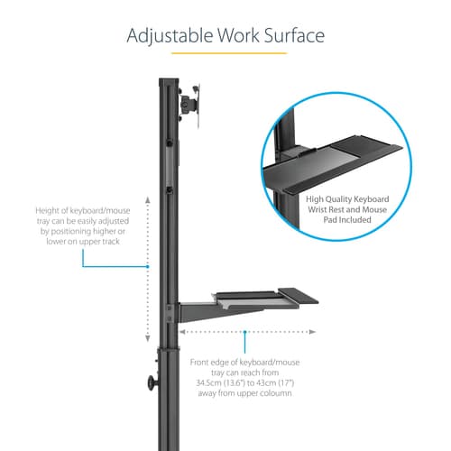 StarTech.com Mobile Workstation Cart with Monitor Mount, CPU/PC Holder, Keyboard Tray, Ergonomic Height Adjustable Desktop Computer Cart, Rolling Mobile Standing Workstation on Wheels - Portable Stand-Up Cart - Cart - for LCD display / PC equipment - steel - black — view 19