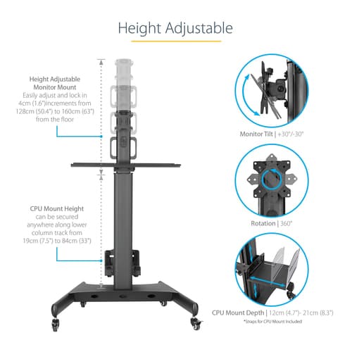 StarTech.com Mobile Workstation Cart with Monitor Mount, CPU/PC Holder, Keyboard Tray, Ergonomic Height Adjustable Desktop Computer Cart, Rolling Mobile Standing Workstation on Wheels - Portable Stand-Up Cart - Cart - for LCD display / PC equipment - steel - black — view 18