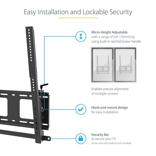 StarTech.com Portrait/Vertical TV Wall Mount, Heavy Duty TV Wall Mount, 40-55 inch VESA TV (110lb/50kg), Tilting Low Profile Digital Signage Television Mount with Lockable Security Bar - TV/Display Wall Mount - Mounting kit (wall plate, 2 extension brackets, 2 mounting brackets) - vertical - for flat panel - steel - black - screen size: 40"-55" - wall-mountable - TAA Compliant — view 10