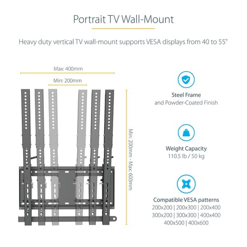 StarTech.com Portrait/Vertical TV Wall Mount, Heavy Duty TV Wall Mount, 40-55 inch VESA TV (110lb/50kg), Tilting Low Profile Digital Signage Television Mount with Lockable Security Bar - TV/Display Wall Mount - Mounting kit (wall plate, 2 extension brackets, 2 mounting brackets) - vertical - for flat panel - steel - black - screen size: 40"-55" - wall-mountable - TAA Compliant — view 8
