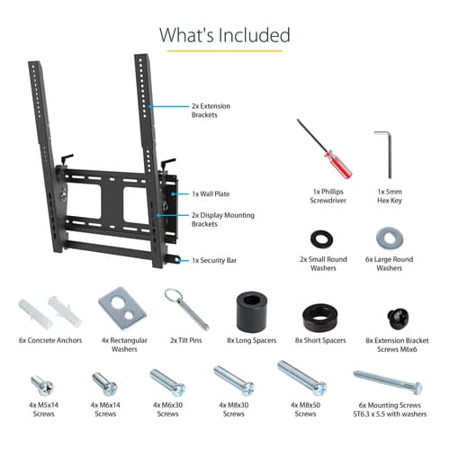 StarTech.com Portrait/Vertical TV Wall Mount, Heavy Duty TV Wall Mount, 40-55 inch VESA TV (110lb/50kg), Tilting Low Profile Digital Signage Television Mount with Lockable Security Bar - TV/Display Wall Mount - Mounting kit (wall plate, 2 extension brackets, 2 mounting brackets) - vertical - for flat panel - steel - black - screen size: 40"-55" - wall-mountable - TAA Compliant — view 13