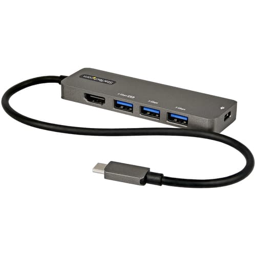 StarTech.com USB C Multiport Adapter, USB-C to HDMI 2.0b 4K 60Hz (HDR10), 100W Power Delivery Pass-Through, 4-Port 5Gbps USB 3.0 Hub, USB Type-C Mini Dock, with 12" (30cm) Attached Cable - Thunderbolt 3 Compatible (DKT30CHPD3) - Docking station - USB-C - HDMI