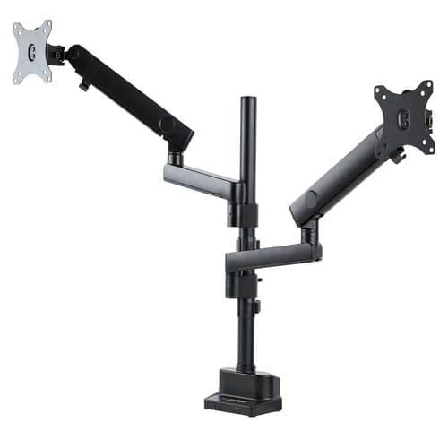 StarTech.com Desk Mount Dual Monitor Arm, Full Motion Monitor Mount for 2x VESA Displays up to 32" (up to 17lb/8kg), Ergonomic Vertical Stackable Arms, Articulating, Height Adjustable - Pole Mount, C-Clamp/Grommet (ARMDUALPIVOT) - Mounting kit (2 monitor arms, 2 VESA plates, pole, base, 2 monitor arm mounts, tool holder) - full-motion dual arm - for 2 monitors - aluminium - black - screen size: 32" - desk-mountable