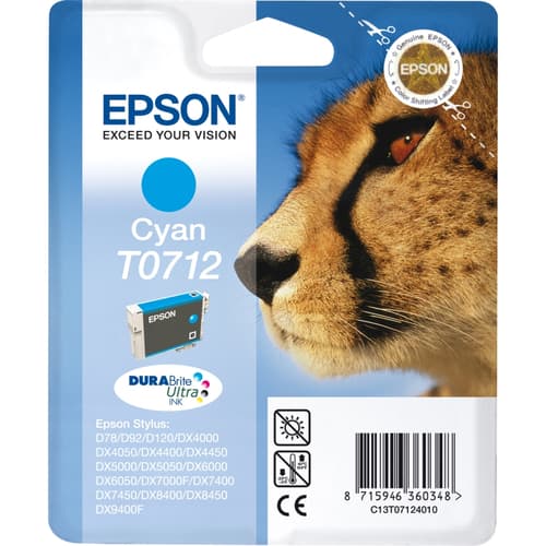 Epson T0712 - 5.5 ml - cyan - original - blister - ink cartridge - for Stylus DX9400, SX115, SX210, SX215, SX218, SX415, SX515, SX610, Stylus Office BX310, BX610