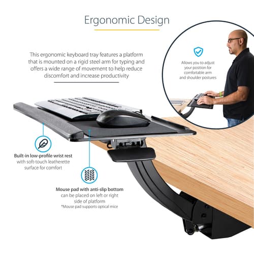 StarTech.com Under Desk Keyboard Tray, Full Motion & Height Adjustable Keyboard and Mouse Tray, 10" x 26" Platform, Ergonomic Sliding Computer Keyboard Holder with Mouse Pad & Wrist Rest — view 16