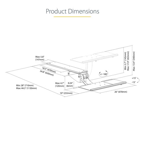 StarTech.com Under Desk Keyboard Tray, Full Motion & Height Adjustable Keyboard and Mouse Tray, 10" x 26" Platform, Ergonomic Sliding Computer Keyboard Holder with Mouse Pad & Wrist Rest — view 19