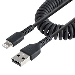 StarTech.com 50cm (20in) USB to Lightning Cable, MFi Certified, Coiled iPhone Charger Cable, Black, Durable and Flexible TPE Jacket Aramid Fiber, Heavy Duty Coil Charging Cable - Rugged USB Lightning Cable - Lightning cable - USB male to Lightning male - 50 cm - black - coiled