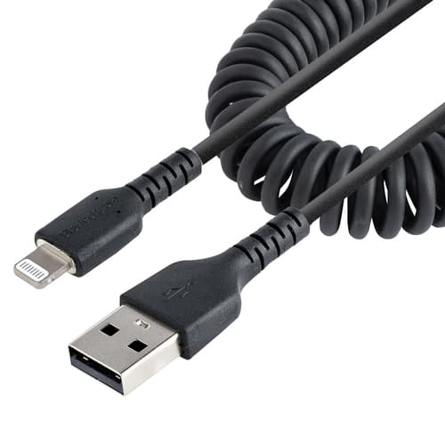 StarTech.com 1m (3ft) USB to Lightning Cable, MFi Certified, Coiled iPhone Charger Cable, Black, Durable and Flexible TPE Jacket Aramid Fiber, Heavy Duty Coil Charging Cable - Rugged USB Lightning Cable - Lightning cable - USB male to Lightning male - 1 m - black - coiled