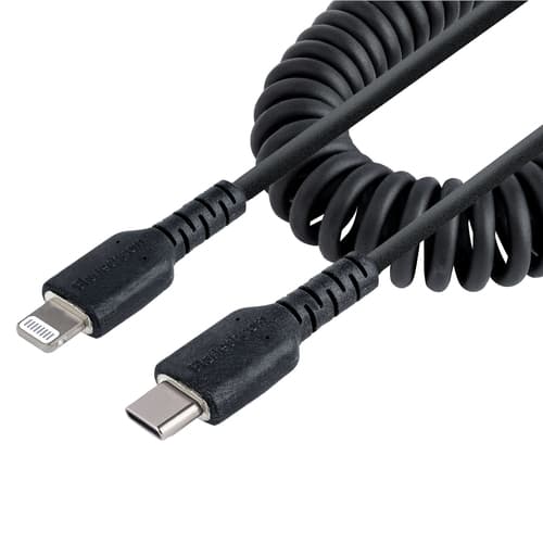 StarTech.com 50cm/20in USB C to Lightning Cable, MFi Certified, Coiled iPhone Charger Cable, Black, Durable and Flexible TPE Jacket Aramid Fiber, Heavy Duty Coil Charging Cable - Rugged USB Lightning Cable - Lightning cable - 24 pin USB-C male to Lightning male - 50 cm - black - coiled