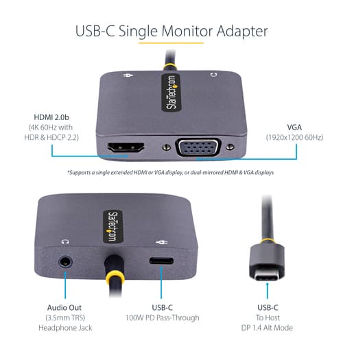 StarTech.com USB C Video Adapter, USB C to HDMI VGA Multiport Adapter w/ 3.5mm Audio Output, 4K 60Hz, HDR, 100W PD 3.0, USB C Monitor Adapter for Laptop, Thunderbolt 3/4 Compatible - USB C Display Travel Adapter (122-USBC-HDMI-4K-VGA) - Docking station - USB-C / Thunderbolt 3 / Thunderbolt 4 - HDMI, VGA — view 9