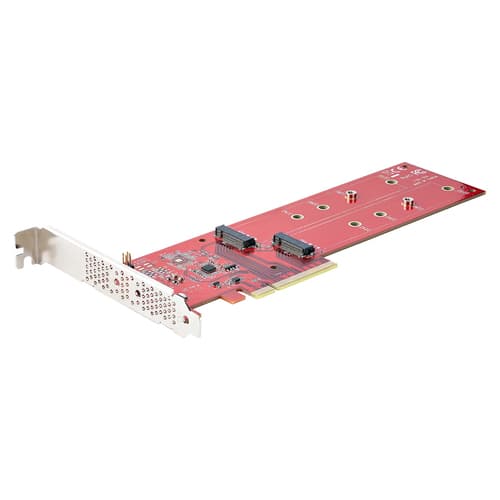 StarTech.com Dual M.2 PCIe SSD Adapter Card, x8 / x16 Dual NVMe or AHCI M.2 SSD to PCI Express 4.0, Up to 7.8GBps/Drive, For 2242/2260/2280/22110mm PCIe M-Key M2 SSDs, Bifurcation Required - PC/Linux Compatible (DUAL-M2-PCIE-CARD-B) - Interface adapter - M.2 - Expansion Slot to 2 x M.2 - M.2 Card - low profile - RAID 0, 1, JBOD - PCIe 4.0 x16/x8 - red