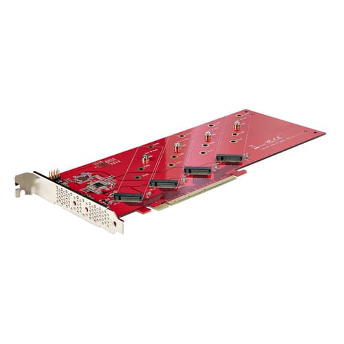 StarTech.com Quad M.2 PCIe Adapter Card, x16 Quad NVMe or AHCI M.2 SSD to PCI Express 4.0, Up to 7.8GBps/Drive, For 2242/2260/2280/22110mm PCIe M-Key M2 SSDs, Bifurcation Required - PC/Linux Compatible (QUAD-M2-PCIE-CARD-B) - Interface adapter - M.2 - Expansion Slot to 4 x M.2 - M.2 Card - low profile - RAID 0, 1, JBOD - PCIe 4.0 x16/x8 - red