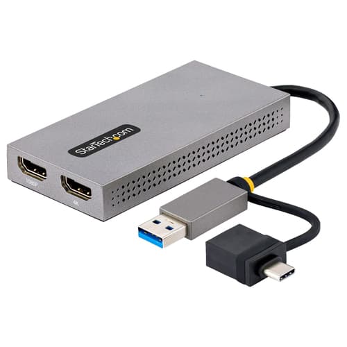 StarTech.com USB to Dual HDMI Adapter, USB A/C to 2x HDMI Monitors (1x 4K 30Hz, 1x 1080p), Integrated USB-A to C Dongle, 4in/11cm Cable, Windows & macOS - USB 3.0 to HDMI Multi-Monitor Display Adapter for Laptop (107B-USB-HDMI) - Adapter - USB Type A, 24 pin USB-C male to 2 x 19 pin HDMI Type A female - grey - 4K support