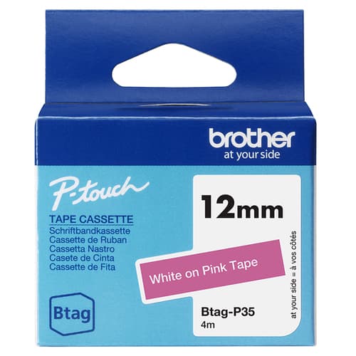 Brother BTAG-P35 - White on pink - Roll (1.2 cm x 4 m) 1 cassette(s) hanging box - label tape - for P-Touch PT-N10, PT-N20, PT-N25BT