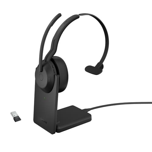 Jabra Evolve2 55 UC Mono - Headset - on-ear - Bluetooth - wireless - active noise cancelling - USB-A - black - with charging stand - Cisco Webex Certified, Alcatel-Lucent Certified, Avaya Certified, MFi Certified, Google Meet Certified, Amazon Chime Certified, Google Fast Pair Certified