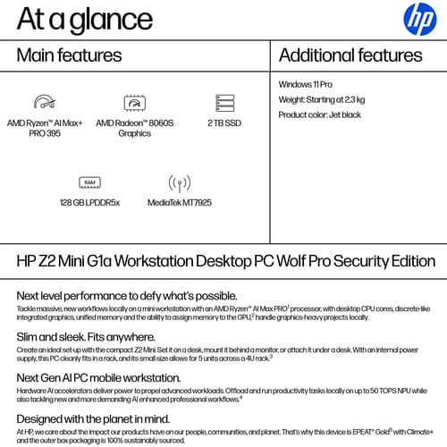 HP Workstation Z2 G1a - Mini 4U - 1 x Ryzen AI Max+ Pro 395 / up to 5.1 GHz - RAM 128 GB - SSD 2 TB - HP Z Turbo Drive, TLC - Radeon 8060S - IEEE 802.11ax (Wi-Fi 6), IEEE 802.11be (Wi-Fi 7), Bluetooth 5.4, Gigabit Ethernet, 2.5 Gigabit Ethernet - Win 11 Pro - monitor: none - jet black - with HP Wolf Pro Security Edition (1 year) — view 4